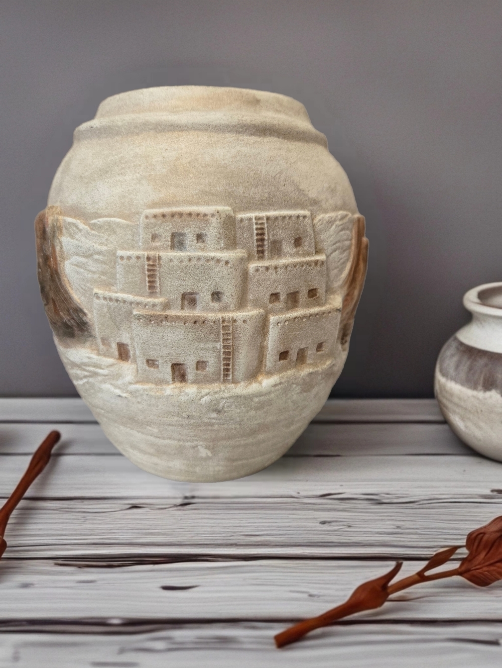 Southwestern Ceramic Vase Carved Pueblo Village Landscape Scene Matte Texture